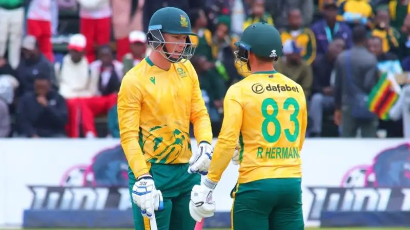 Dewald Brevis celebrates blazing 75 not out as South Africa defeat Zimbabwe in Namibia T20I Tri-Series